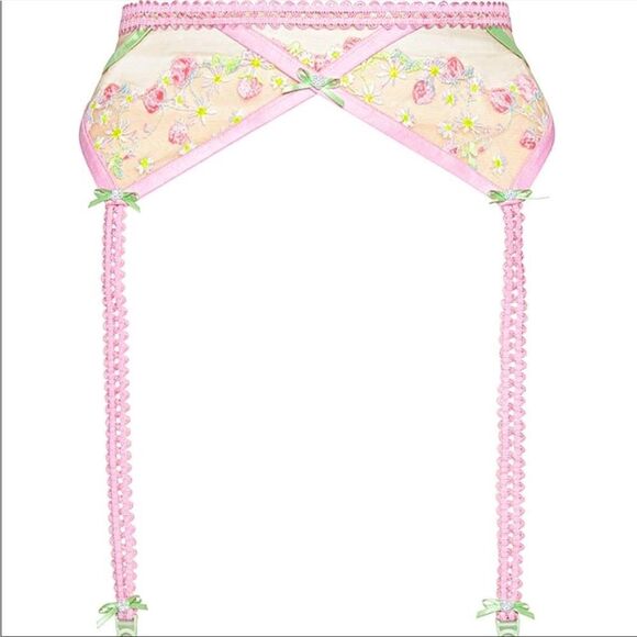 For Love and Lemons Tutti Fruiti Shimmer Pink Green Floral Garter Belt Small NWT - Picture 4 of 8